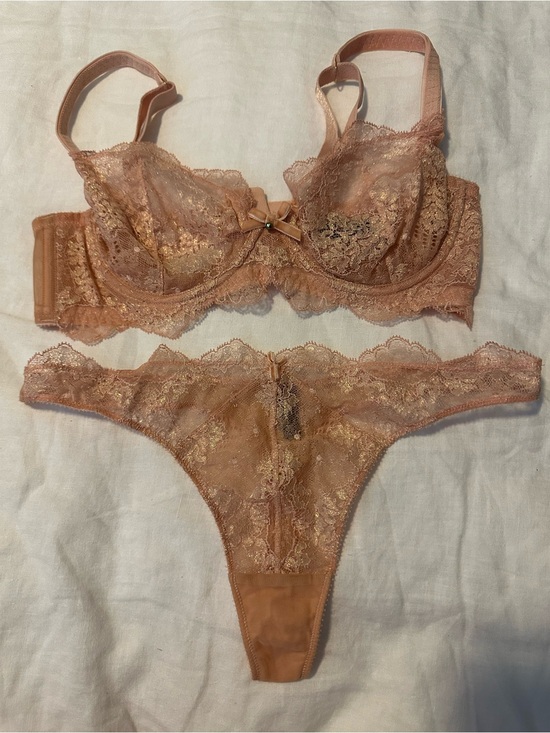 Dita Von Teese Other - Dita Von Teese Sheer Lace Underwire Bra & Thong Set in Dusty Peach